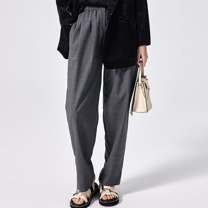 Women Wide High-Waist Fabric Pants with Elastic Waistband and Straight Leg Mune Fashion