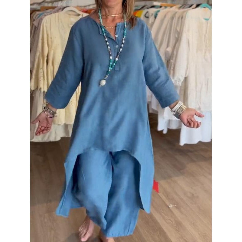 Women's Midi-Length Linen Tunic Set with Asymmetric Hem and Wide Palazzo Pants Mune Fashion