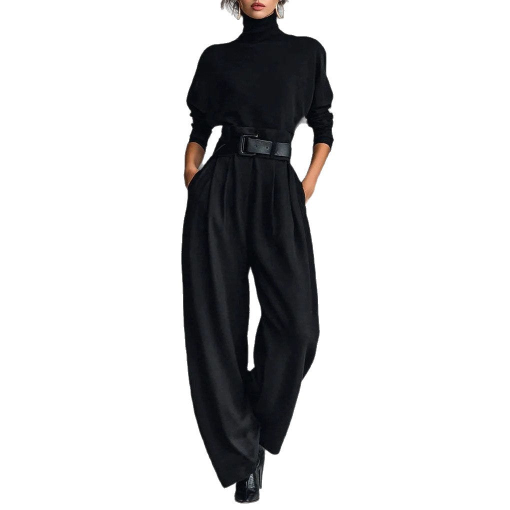Ladies high-cut elegant pleated trousers with wide leg and roll-neck fine-knit top Mune Fashion
