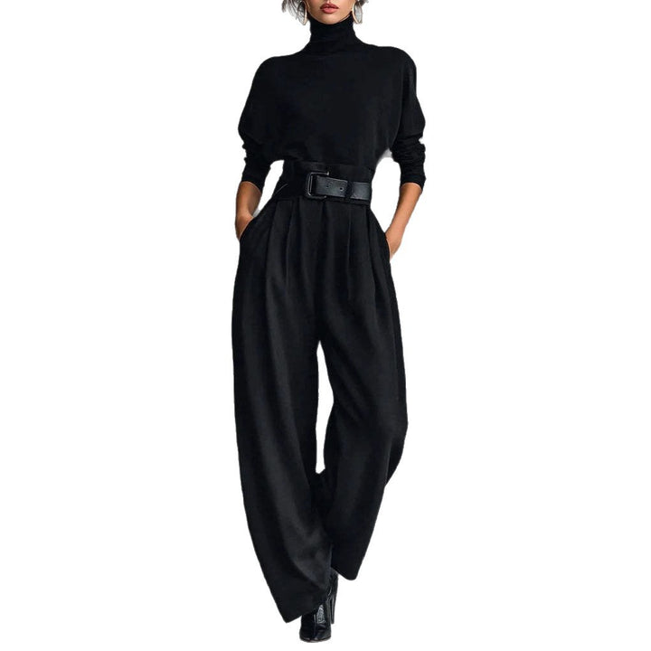 Ladies high-cut elegant pleated trousers with wide leg and roll-neck fine-knit top Mune Fashion