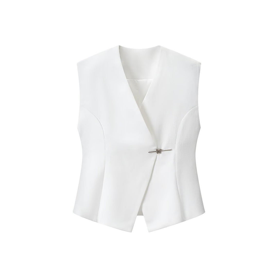 Women Tailored Sleeveless Blazer Vest with V-Neck and Decorative Hooks Mune Fashion