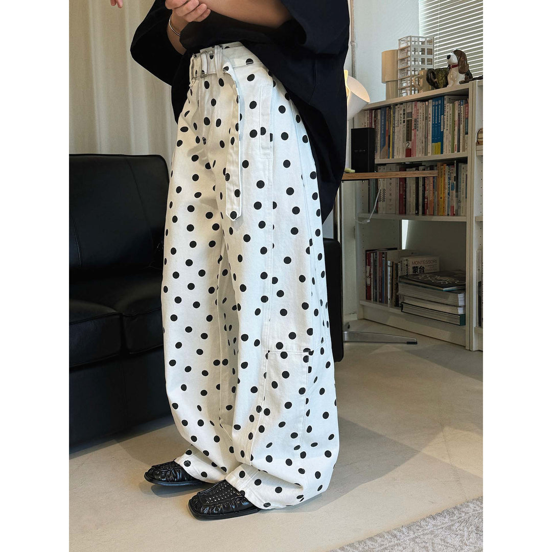 Women Wide High-Waisted Jeans Pants with Polka Dot Pattern and Wide Leg Mune Fashion
