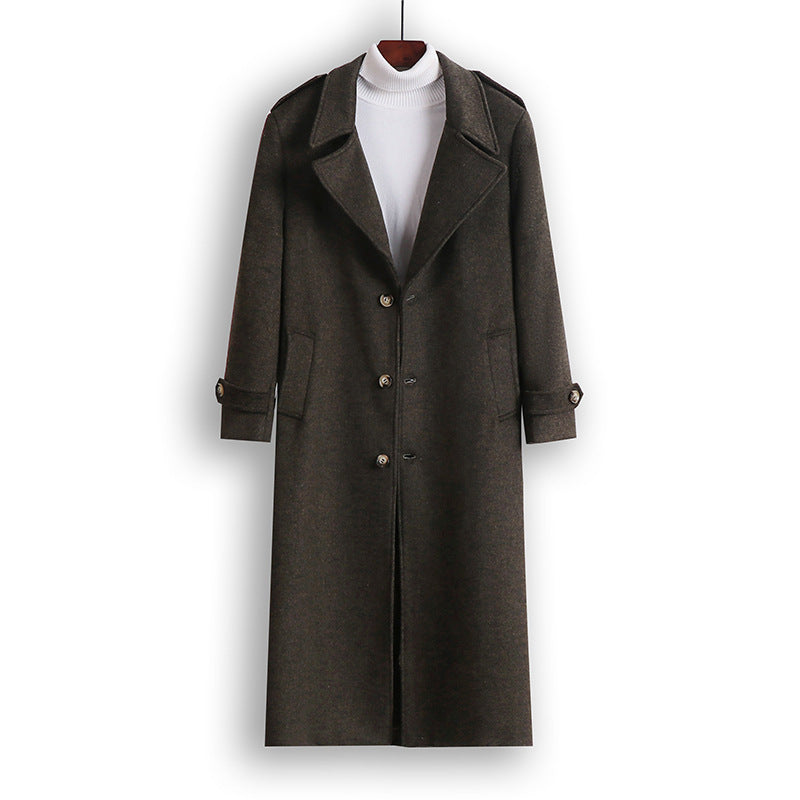 Men's Maxi-Length Wool Blend Overcoat with Boxy Silhouette, Shawl Collar and Decorative Epaulettes Mune Fashion