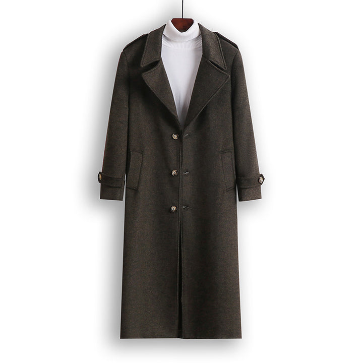 Men's Maxi-Length Wool Blend Overcoat with Boxy Silhouette, Shawl Collar and Decorative Epaulettes Mune Fashion