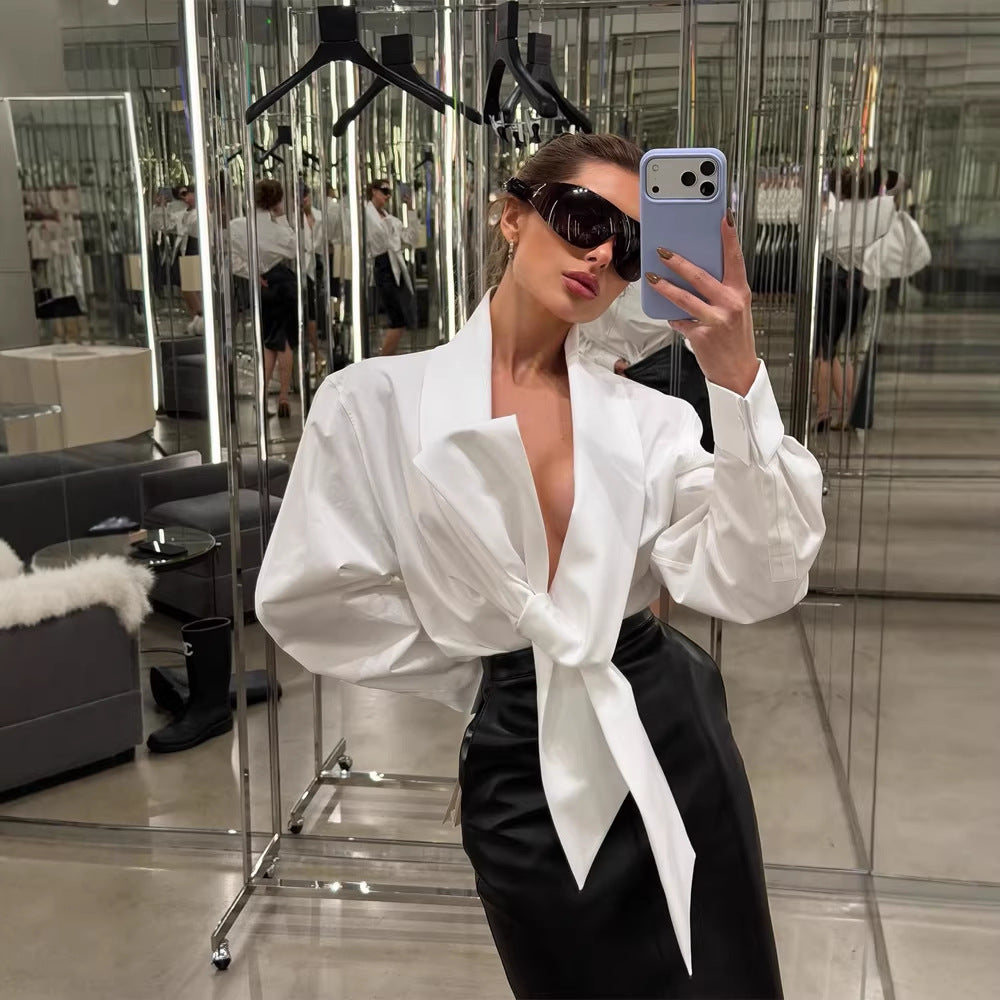 Women Tailored Blouse with XXL Volume Sleeves and Front Knot Mune Fashion