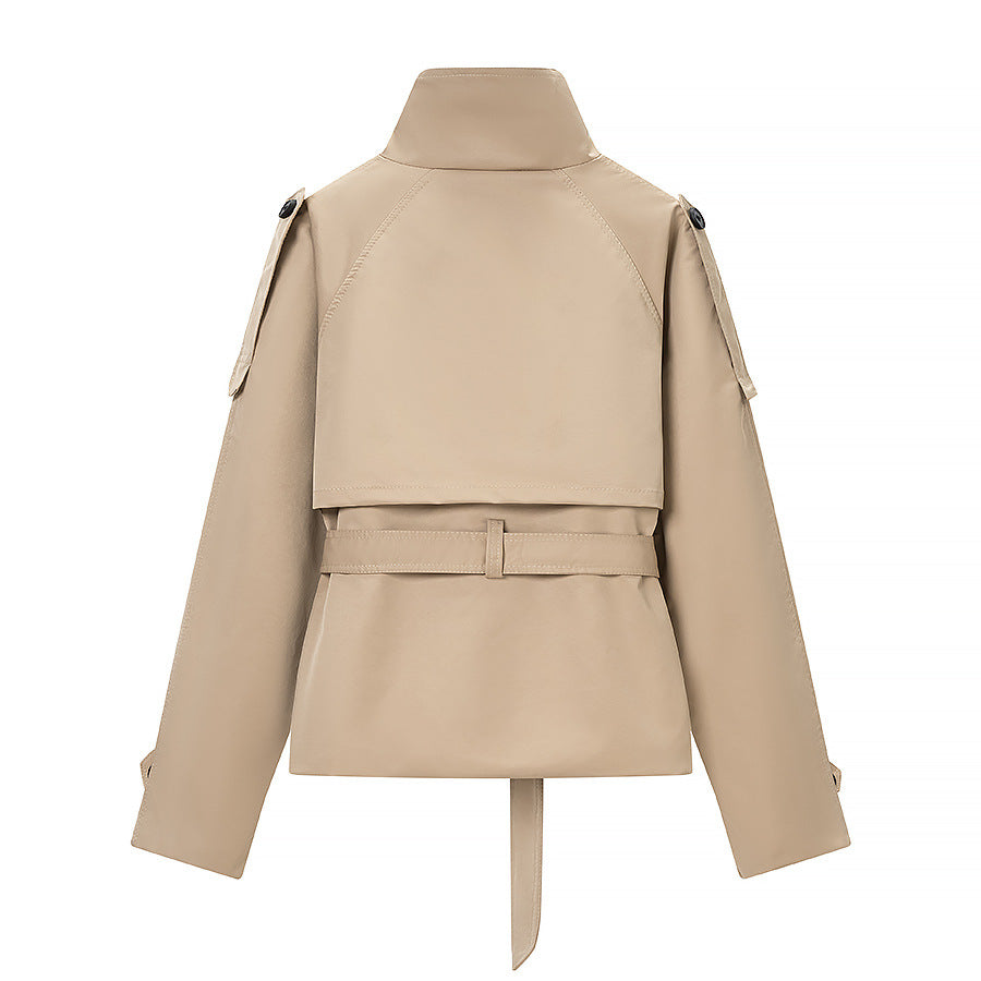 Ladies short tailored trench coat with high button placket and waist belt Mune Fashion