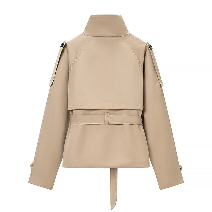 Ladies short tailored trench coat with high button placket and waist belt Mune Fashion