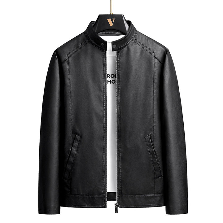 Men's Simple Faux Leather City Jacket with Stand Collar, Two-Way Zipper & Side Pockets Mune Fashion