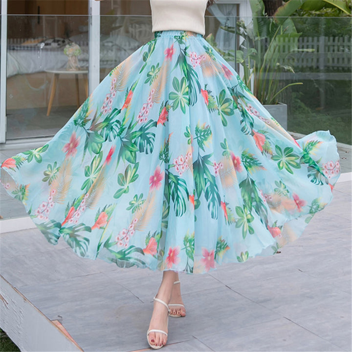 Women long pleated maxi skirt with floral summer print and elastic waistband Mune Fashion