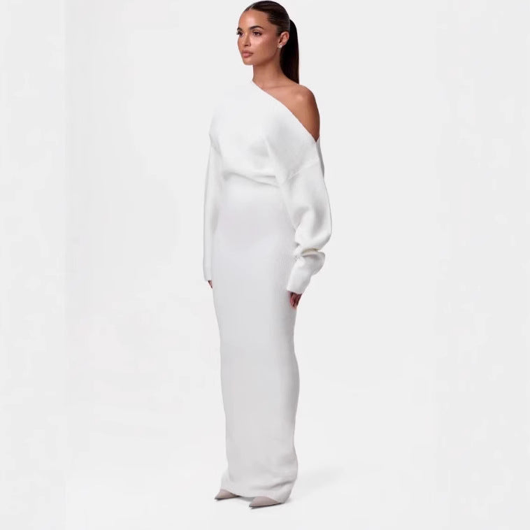Women's One-Shoulder Maxi Knit Dress with Oversized Sleeves Mune Fashion