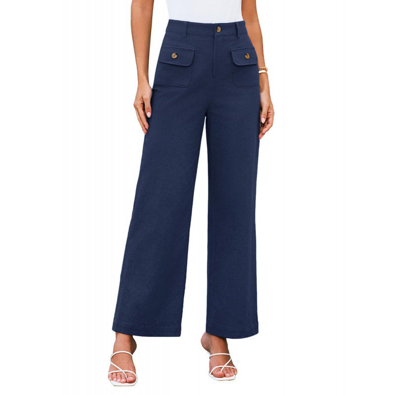 Women High-Waist Palazzo Pants with Flap Button Pockets Mune Fashion
