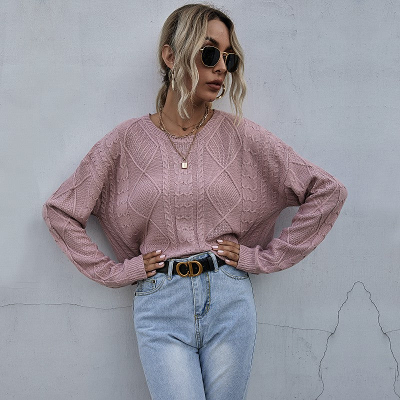 Women Casual Oversized Knit Sweater with Geometric Cable Pattern and Deep Sleeve Cuffs Mune Fashion