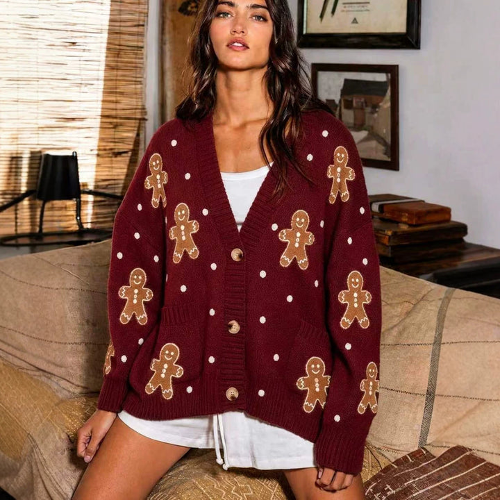 Women nan oversized knitted cardigan with gingerbread embroidery and deep V-neck Mune Fashion
