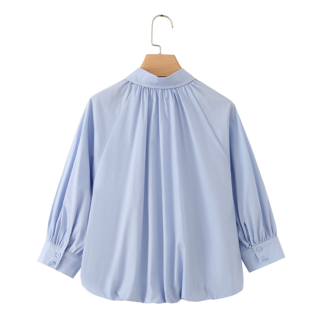 Women's Loose Blouse Shirt with Pleats Balloon Sleeves and Shirt Collar Mune Fashion