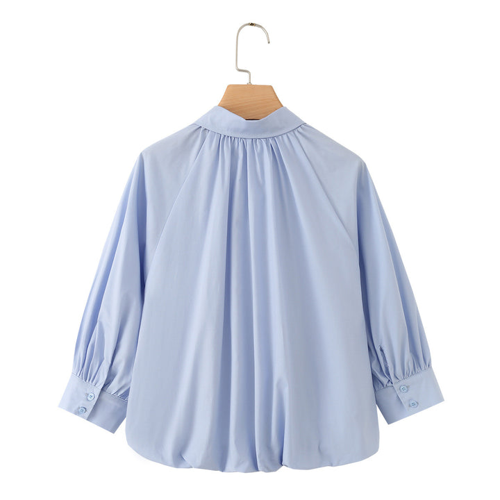 Women's Loose Blouse Shirt with Pleats Balloon Sleeves and Shirt Collar Mune Fashion