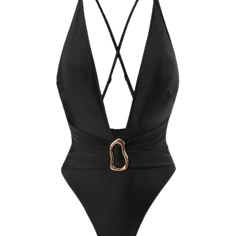 Ladies Elegant One-Piece Swimsuit with Refined V-Neck and Adjustable Straps Mune Fashion