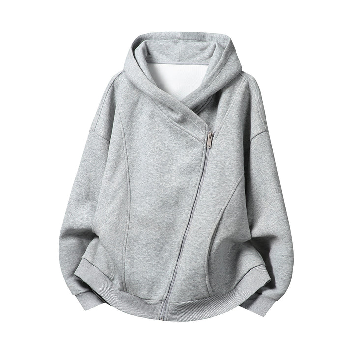Women's Oversized Hoodie Jacket with Asymmetrical Zipper and Distinctive Seam Details Mune Fashion