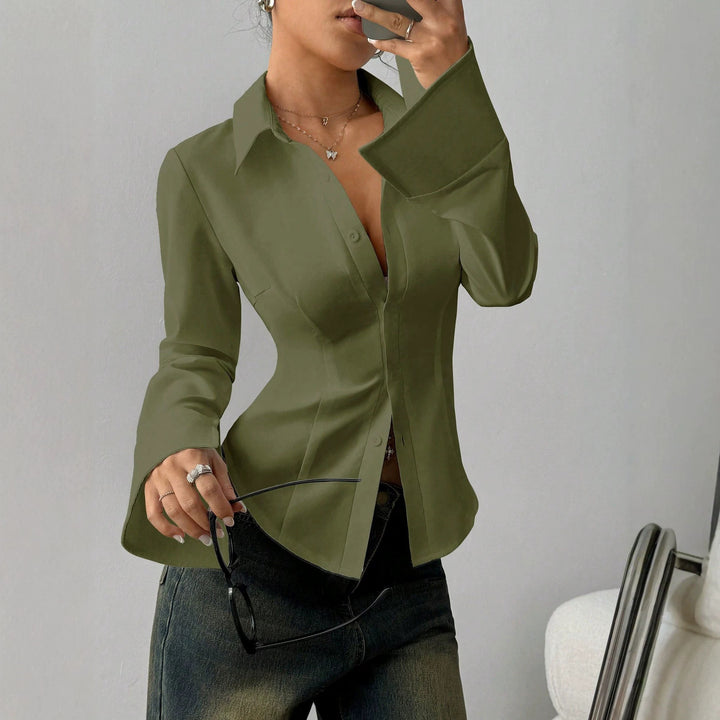 Women's Tailored Satin Blouse with Shaping Seams and Wide Cuffs Mune Fashion