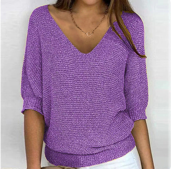 Women's casual knit sweater with V-neck and bat sleeves Mune Fashion