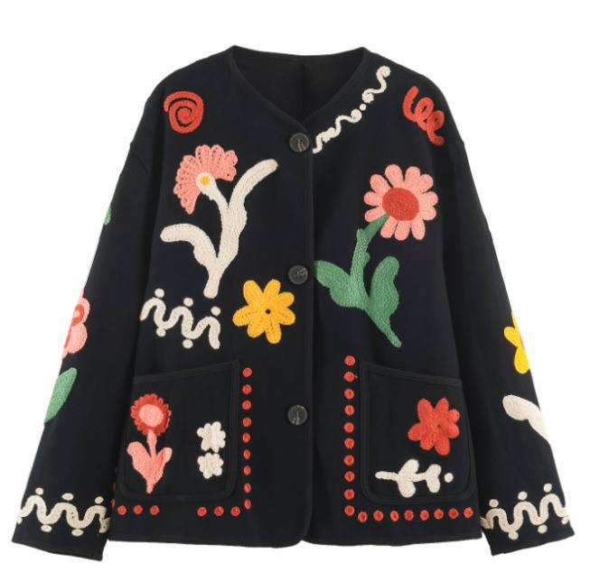 Women's embroidered boxy jacket with floral application and patch pockets Mune Fashion