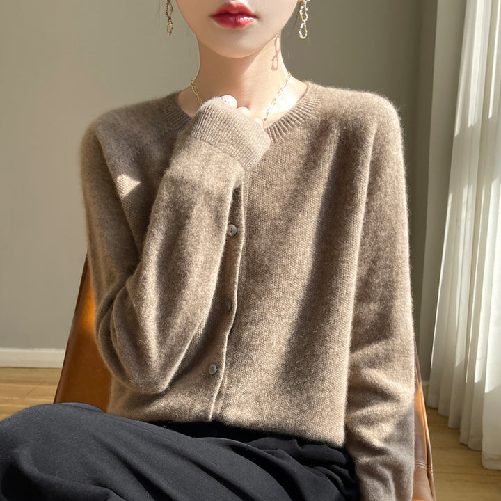 Women's Short-Cut Fine Knit Cardigan with Round Neck and Shimmering Button Placket Mune Fashion