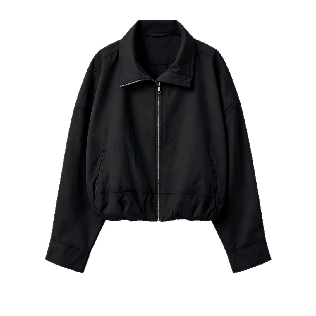 Women's Lightweight Short Bomber Jacket with Stand-up Collar, Drawstring Waist and Concealed Zipper Mune Fashion