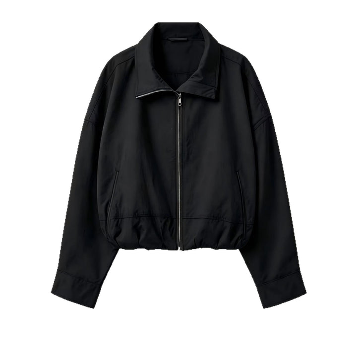 Women's Lightweight Short Bomber Jacket with Stand-up Collar, Drawstring Waist and Concealed Zipper Mune Fashion
