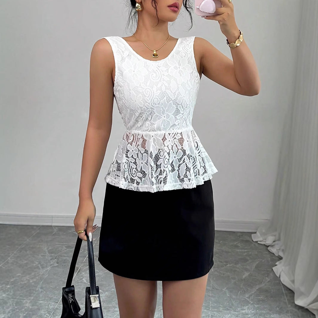 Women's tailored sleeveless lace peplum top with lined bust and transparent frill Mune Fashion