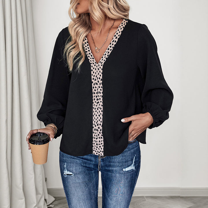 Women's V-neck blouse with leopard print trim and airy balloon sleeves Mune Fashion