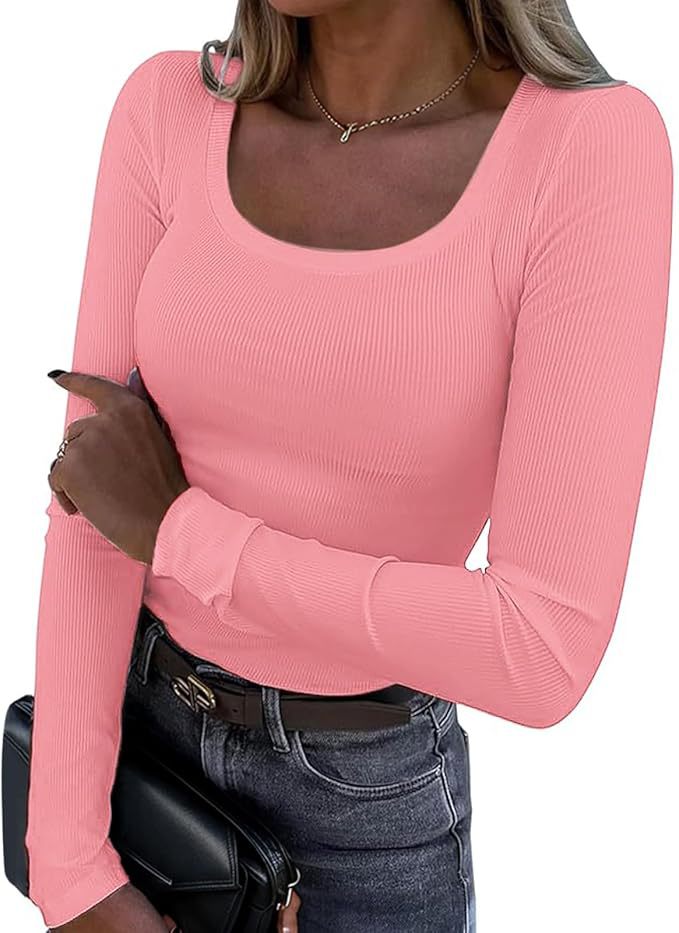 Women's Long Sleeve Ribbed Top with U-Neck Mune Fashion