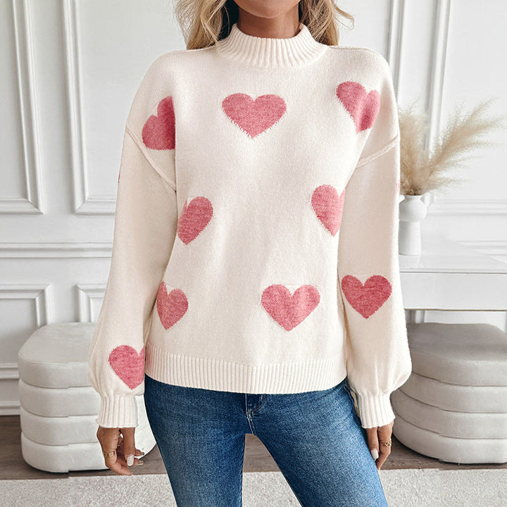 Women's Cozy Knit Sweater with Heart Intarsias and Stand-Up Collar Mune Fashion