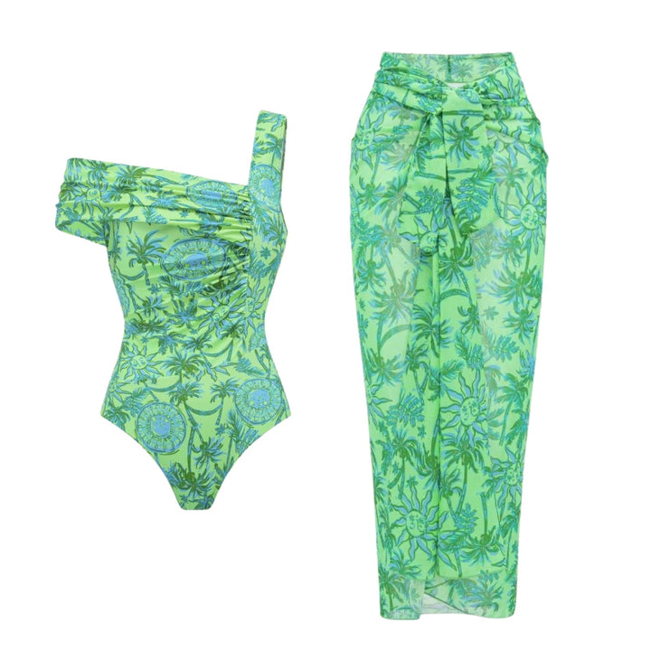 Ladies One-Shoulder Swimsuit with Transparent Wrap Skirt Mune Fashion
