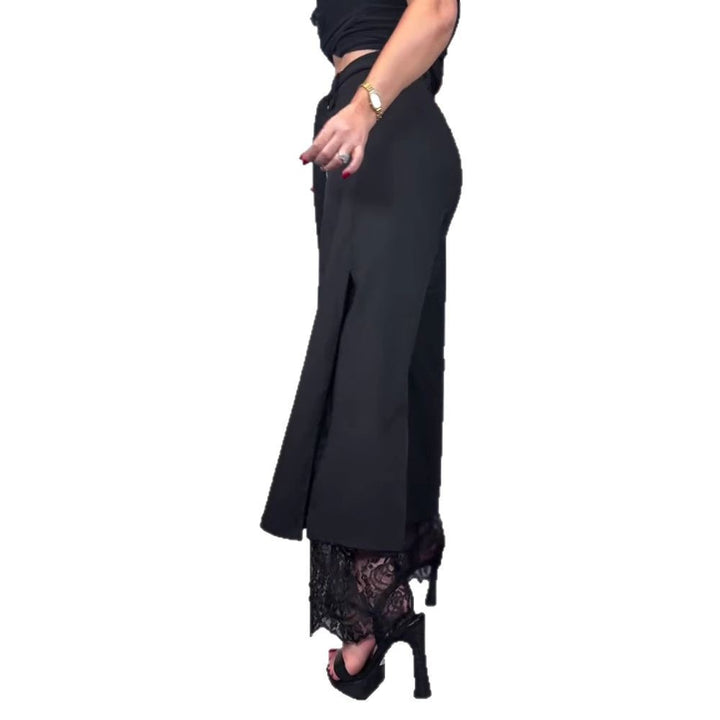 Women high-waisted tailored trousers with side slit, transparent lace underlay and tie belt Mune Fashion
