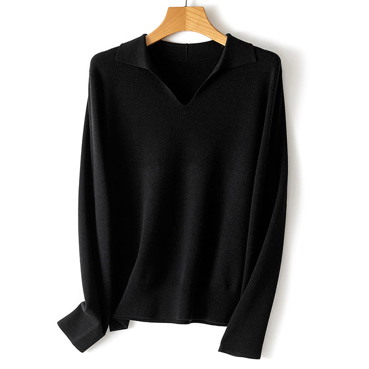 Women's fine knit pullover with V-neck and shirt collar Mune Fashion