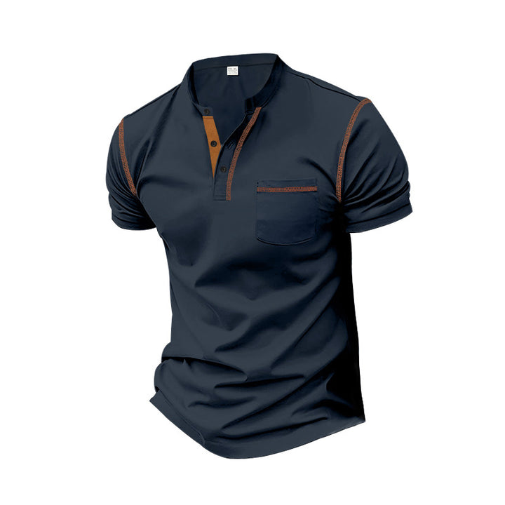 Men's short-sleeve polo in Henley style with stand-up collar, chest pocket and contrast stitching Mune Fashion