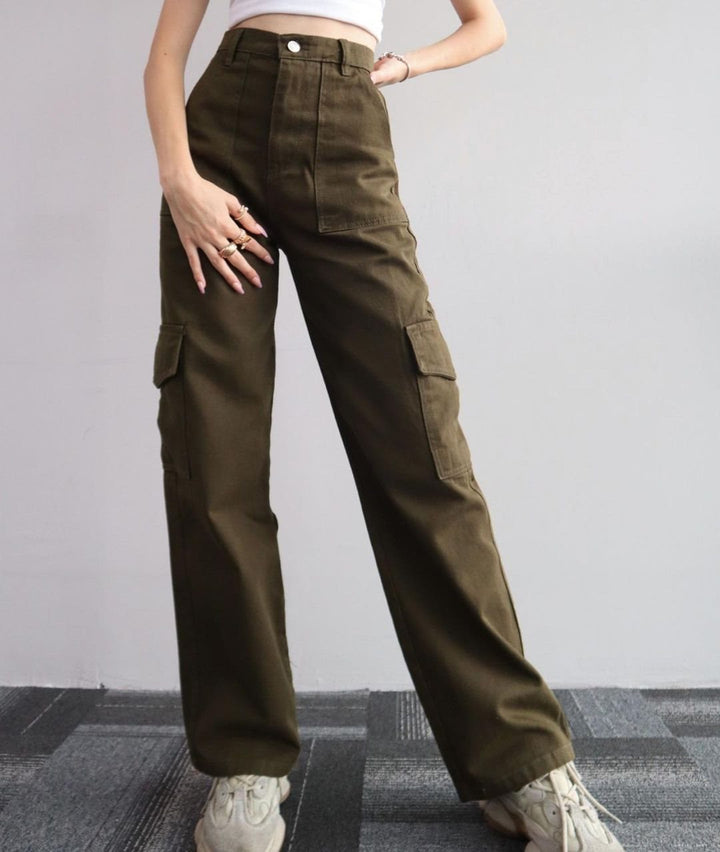 Women's High-Waist Cargo Pants made of Twill with Flap Pockets and Wide Leg Mune Fashion