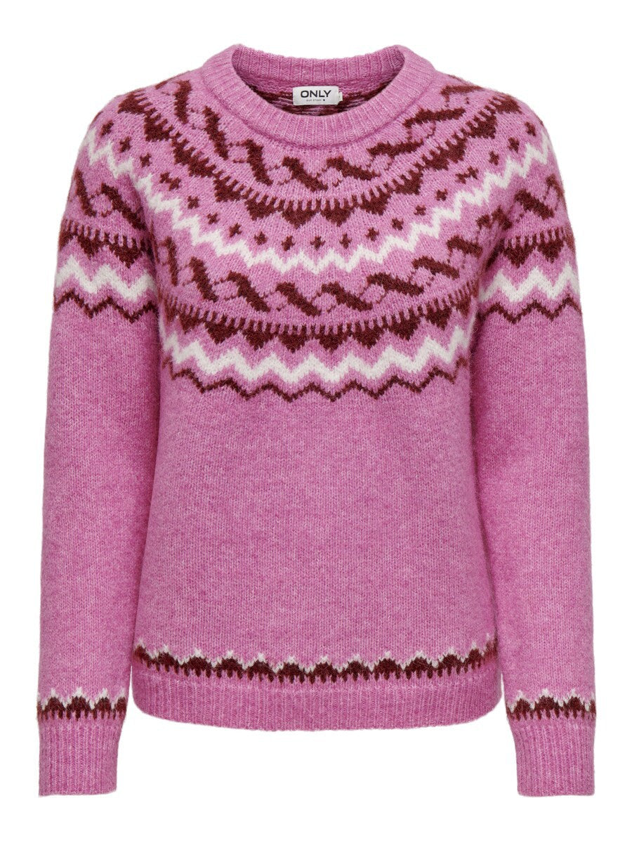 Women's gray marled round neck sweater with circular jacquard yoke and ribbed hem Mune Fashion