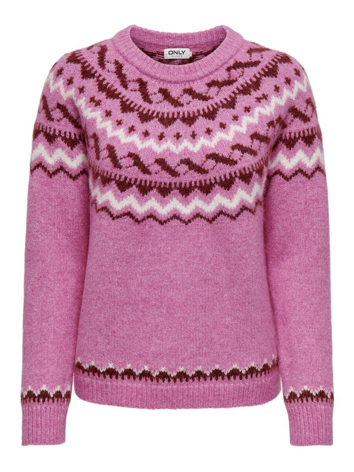 Women's gray marled round neck sweater with circular jacquard yoke and ribbed hem Mune Fashion