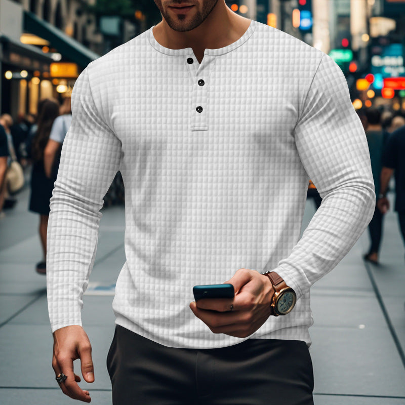 Men's fitted long-sleeve shirt with round neck button placket and waffle structure Mune Fashion