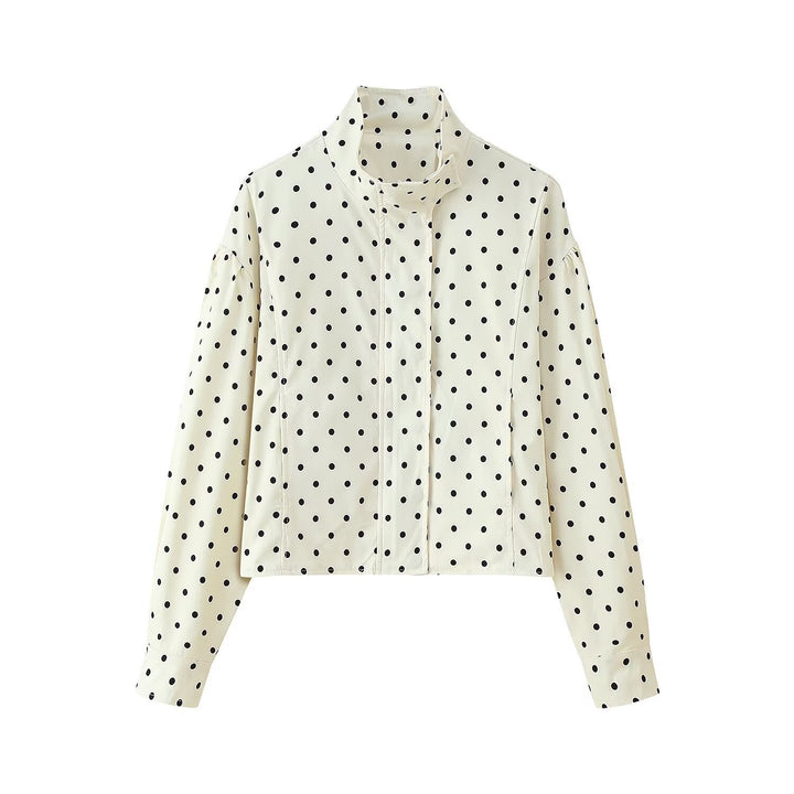 Women's short jacket with stand-up collar, boxy cropped cut and polka dot print Mune Fashion