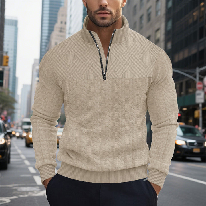 Men's cable knit half-zip pullover with stand-up collar, structured yoke and ribbed hem Mune Fashion