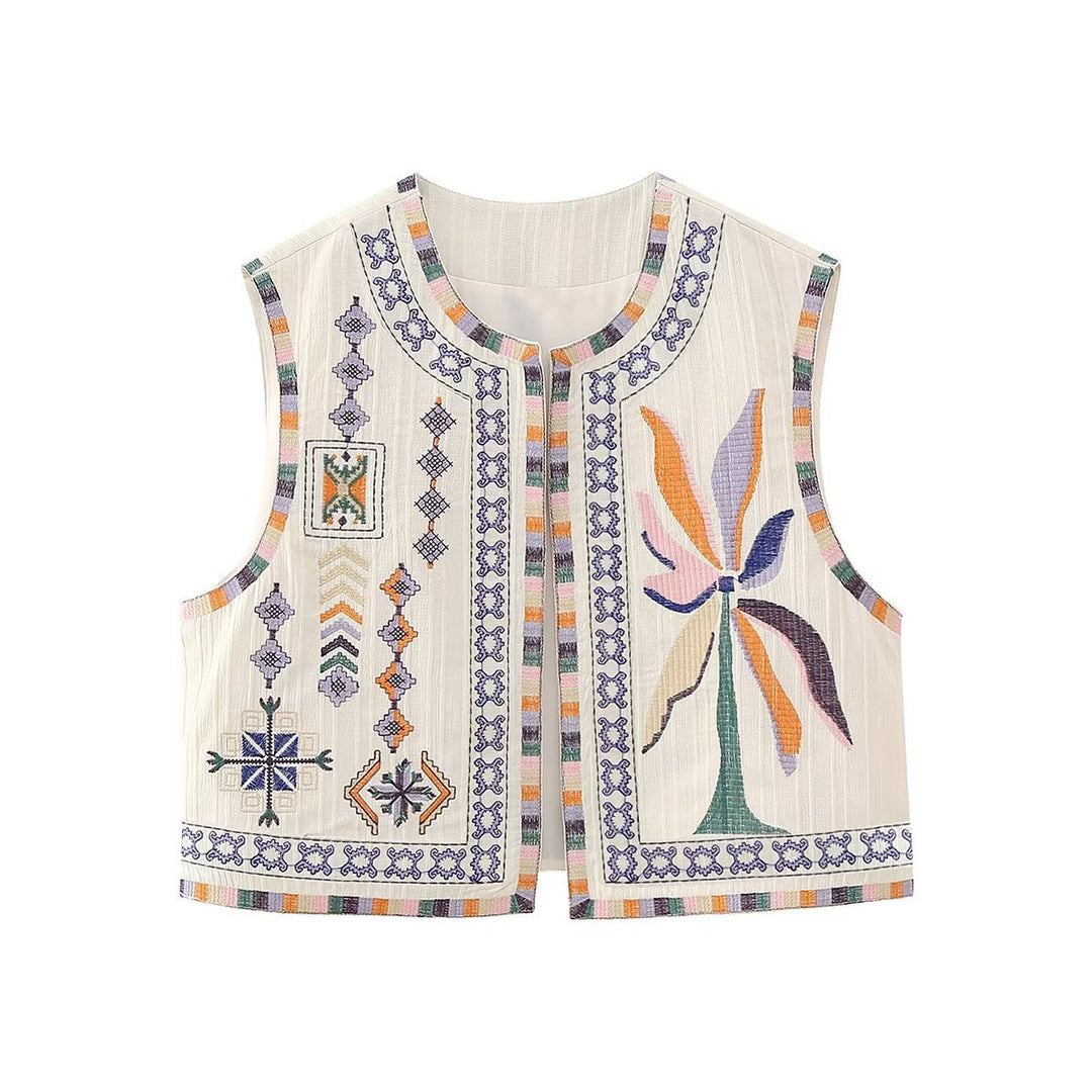 Ladies embroidered sleeveless Boho vest with folkloric motifs and open front Mune Fashion