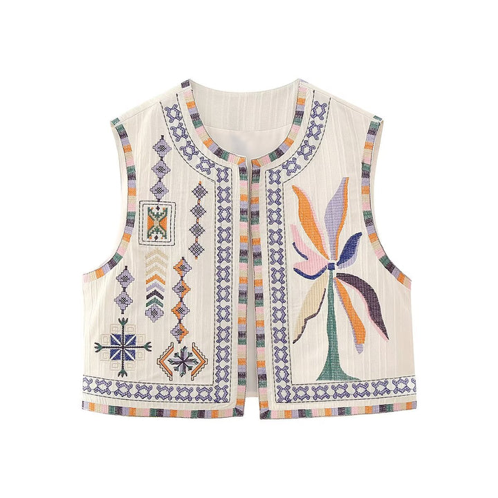 Ladies embroidered sleeveless Boho vest with folkloric motifs and open front Mune Fashion