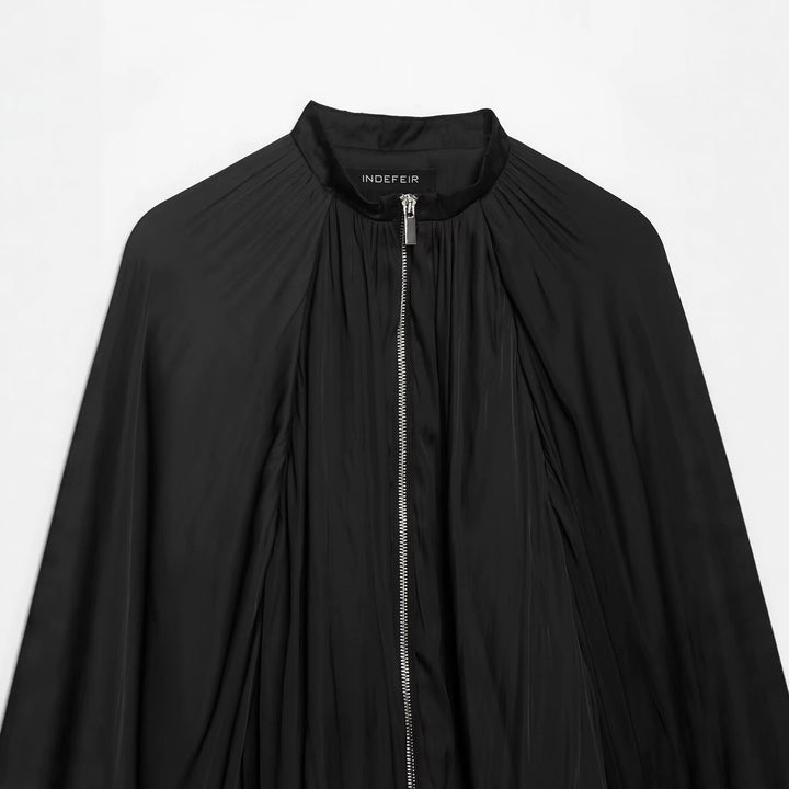 Women's Pleated Cape Jacket with Zipper and Stand-up Collar Mune Fashion