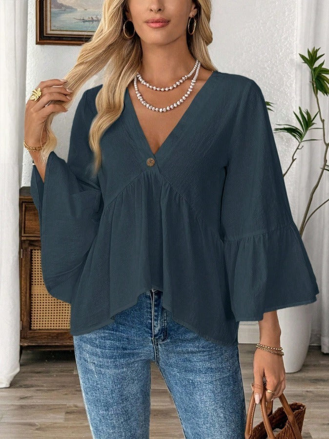 Women's elegant empire blouse with V-neck, gathered bust seam and bell sleeves Mune Fashion