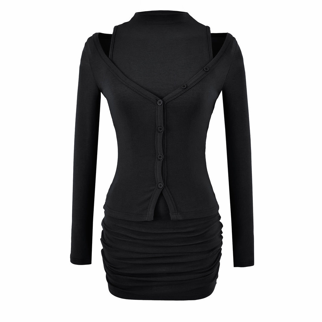 Ladies two-piece knit set with integrated high neck vest and asymmetric button cardigan Mune Fashion