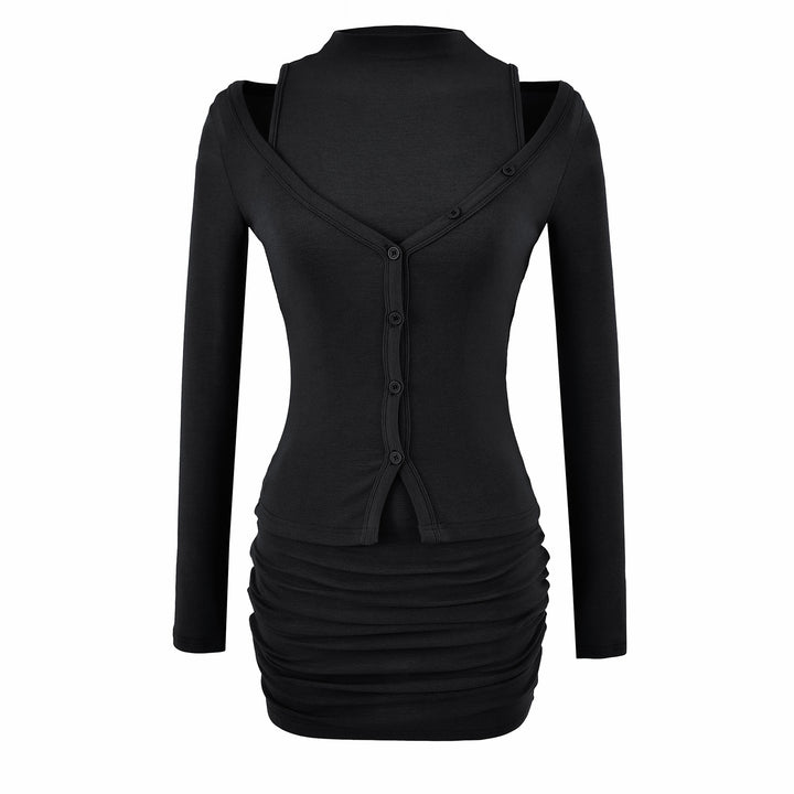 Ladies two-piece knit set with integrated high neck vest and asymmetric button cardigan Mune Fashion