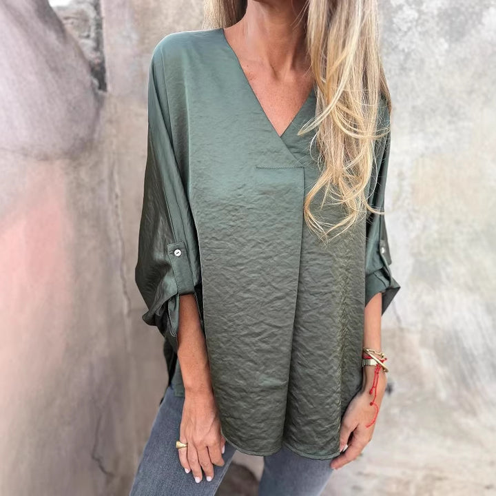 Women's Lightweight V-Neck Tunic Blouse with Rolled-Up Sleeves and Loose Fit Mune Fashion