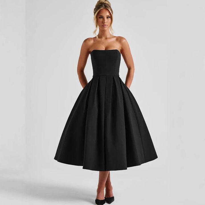 Women's Elegant Midi Dress with Flared Skirt and Stylish Bandeau Neckline Mune Fashion