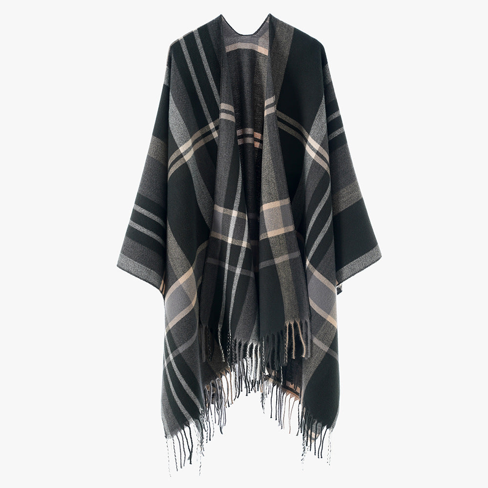 Women Oversize Poncho-Cape with Check Pattern and Fringes Mune Fashion